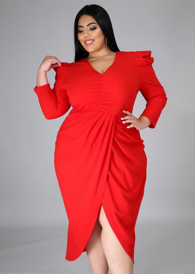 Autumn Plus Size Red V-Neck Wrap Hem Irregular Party Dress