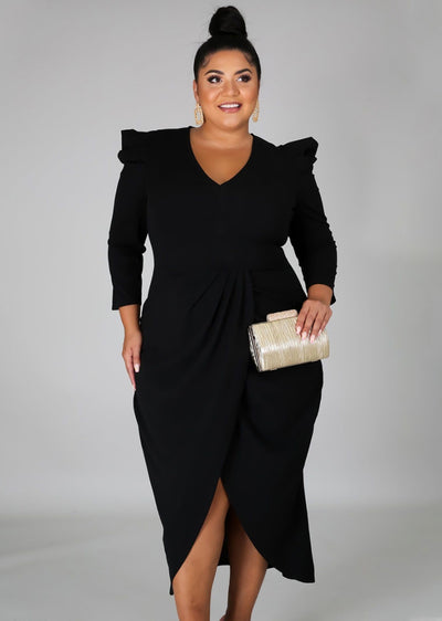 Autumn Plus Size Black V-Neck Wrap Hem Irregular Party Dress