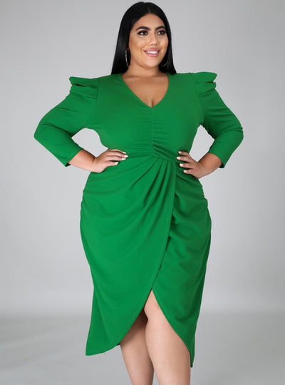 Autumn Plus Size Green V-Neck Wrap Hem Irregular Party Dress